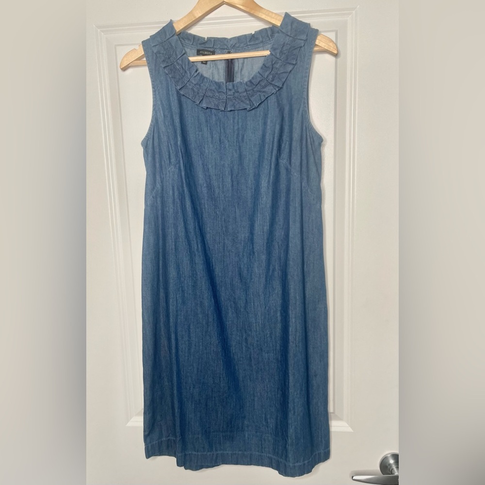 TALBOTS Chambray Denim Ruffle Neck Shift Dress 8